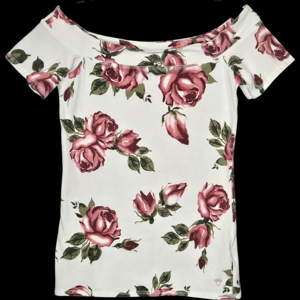 Guess Off The Shoulder Rose Floral Top White Pink Short Sleeve Size Medium M
